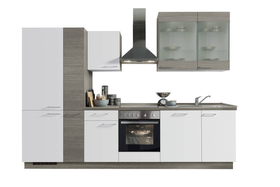 Express Küchenzeile mit Geräten in Weiß & Eiche grau: 310 cm, Spüle rechts | Küchenblock "EXK990-1-1-r" / Bild 3