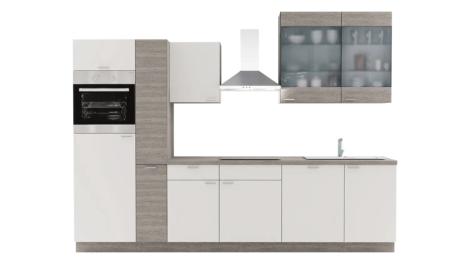 Express Küchenzeile mit Geräten in Weiß & Eiche grau: 310 cm, Spüle rechts | Küchenblock "EXK1000-1-1-r"