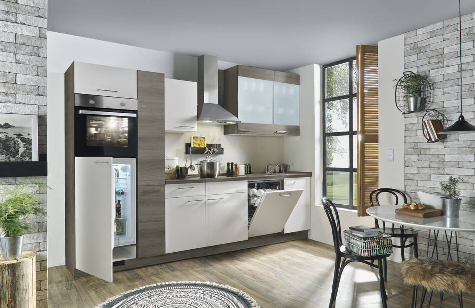 Express Küchenzeile mit Geräten in Weiß & Eiche grau: 310 cm, Spüle rechts | Küchenblock "EXK1000-1-1-r" / Bild 2