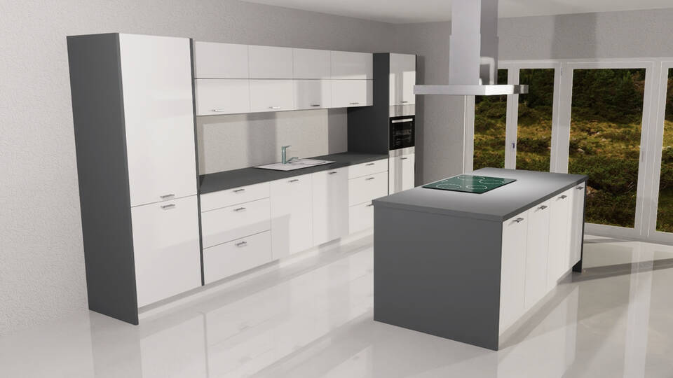 Express Küche mit Insel mit Geräten in Weiß & Anthrazit: 410x205 cm, 615 cm, Spüle rechts | Inselküche "EXK1030-1-1"