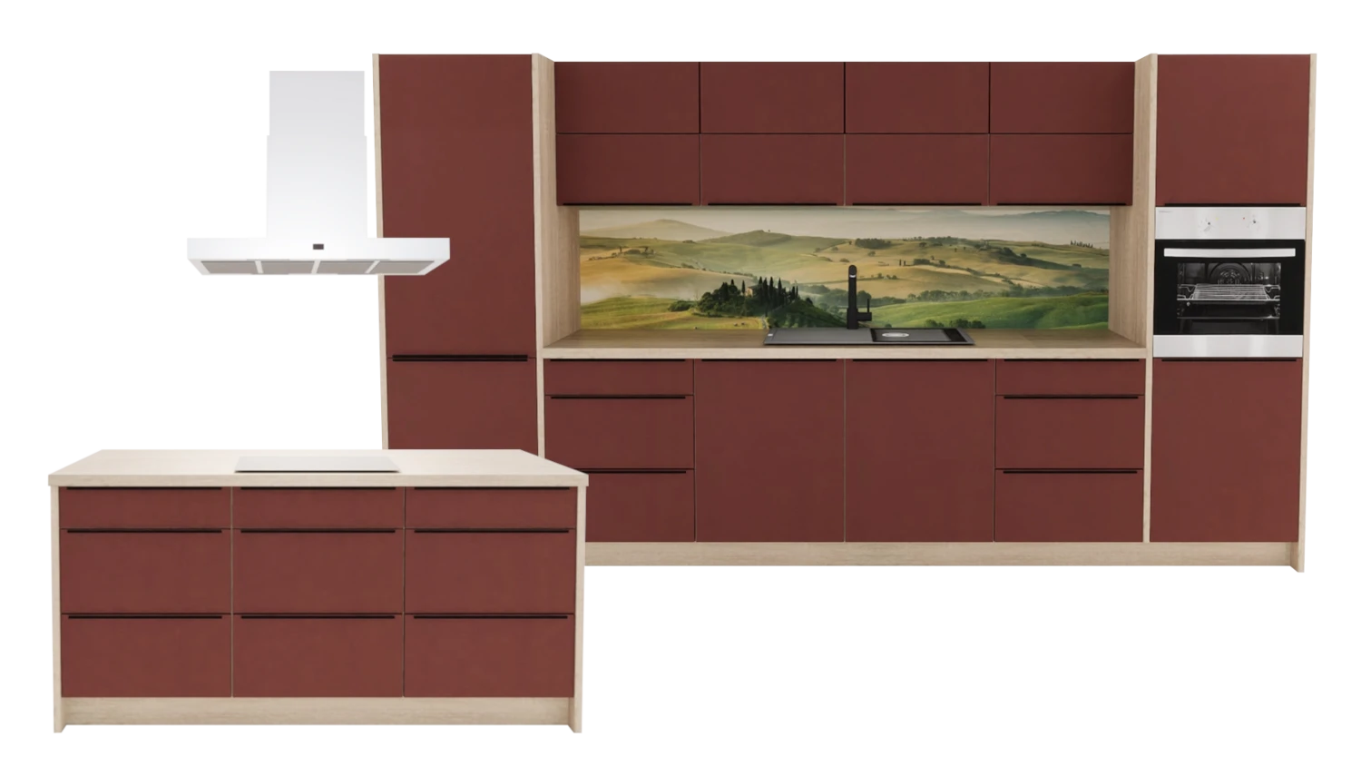 Express Küche mit Insel mit Geräten in Karminrot & Bergeiche: 370x185 cm, 555 cm, Spüle rechts | Inselküche "EXK1020-2-1-r"
