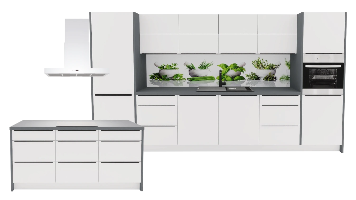 Express Küche mit Insel mit Geräten in Weiß & Anthrazit: 370x185 cm, 555 cm, Spüle rechts | Inselküche "EXK1020-1-1-r"