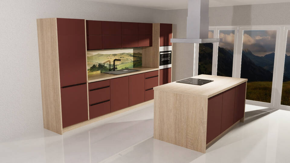 Express Küche mit Insel mit Geräten in Karminrot & Bergeiche: 370x185 cm, 555 cm, Spüle rechts | Inselküche "EXK1020-2-1-r" / Bild 5