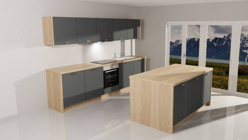 Express Küche mit Insel mit Geräten in Anthrazit & Wildeiche: 305x185 cm, 490 cm, Spüle rechts | Inselküche "EXK1060-1-1-r"