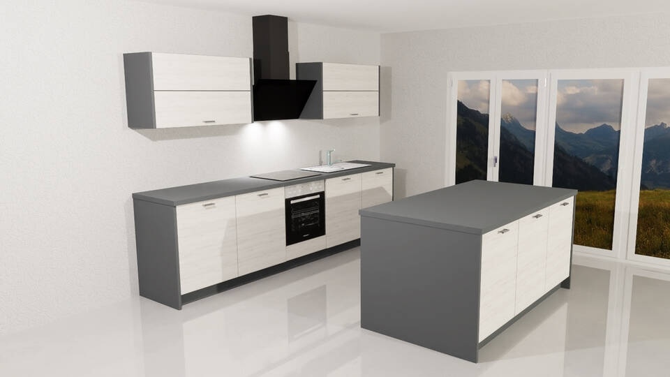 Express Küche mit Insel mit Geräten in Eiche weiß & Anthrazit: 305x185 cm, 490 cm, Spüle rechts | Inselküche "EXK1070-2-1"