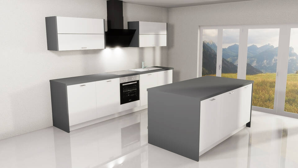 Express Küche mit Insel mit Geräten in Weiß & Anthrazit: 305x185 cm, 490 cm, Spüle rechts | Inselküche "EXK1070-1-1"