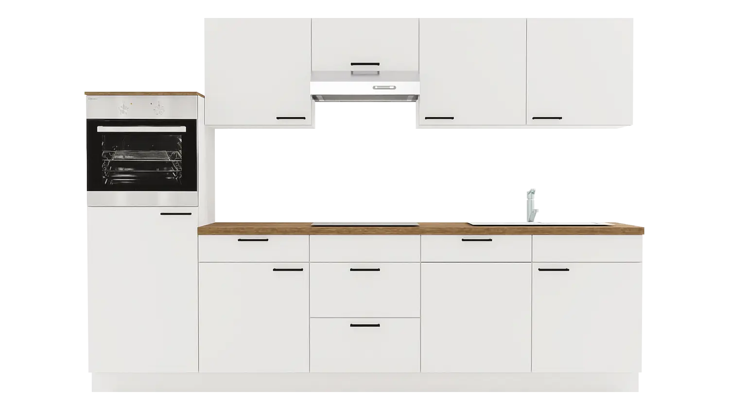 Express Küchenzeile mit Geräten in Weiß & Eiche Klassik: 300 cm, Spüle rechts | Singleküche "EXK1080-1-1-r"