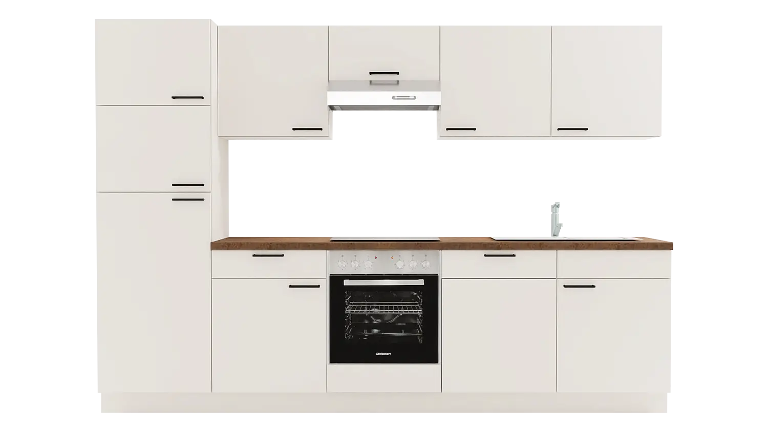 Express Küchenzeile mit Geräten in Magnolia & Korthenstahl: 300 cm, Spüle rechts | Singleküche "EXK1090-2-1-r"