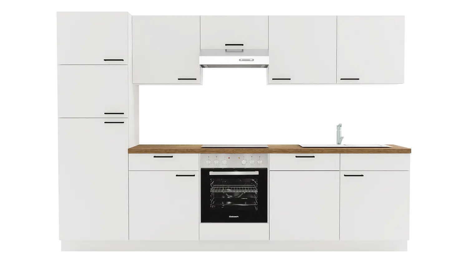 Express Küchenzeile mit Geräten in Weiß & Eiche Klassik: 300 cm, Spüle rechts | Singleküche "EXK1090-1-1-r"