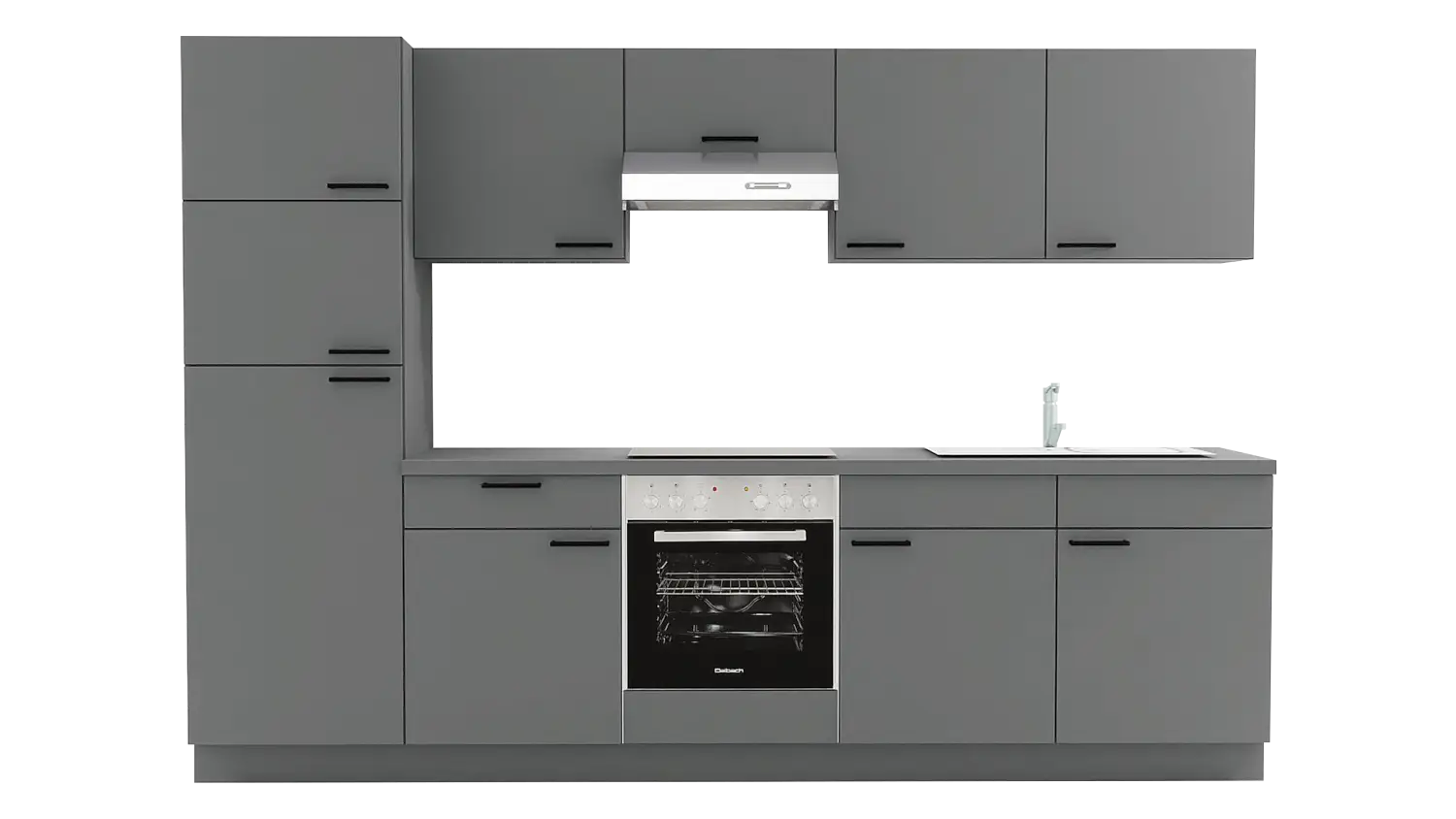 Express Küchenzeile mit Geräten in Anthrazit: 300 cm, Spüle rechts | Singleküche "EXK1100-3-1-r"