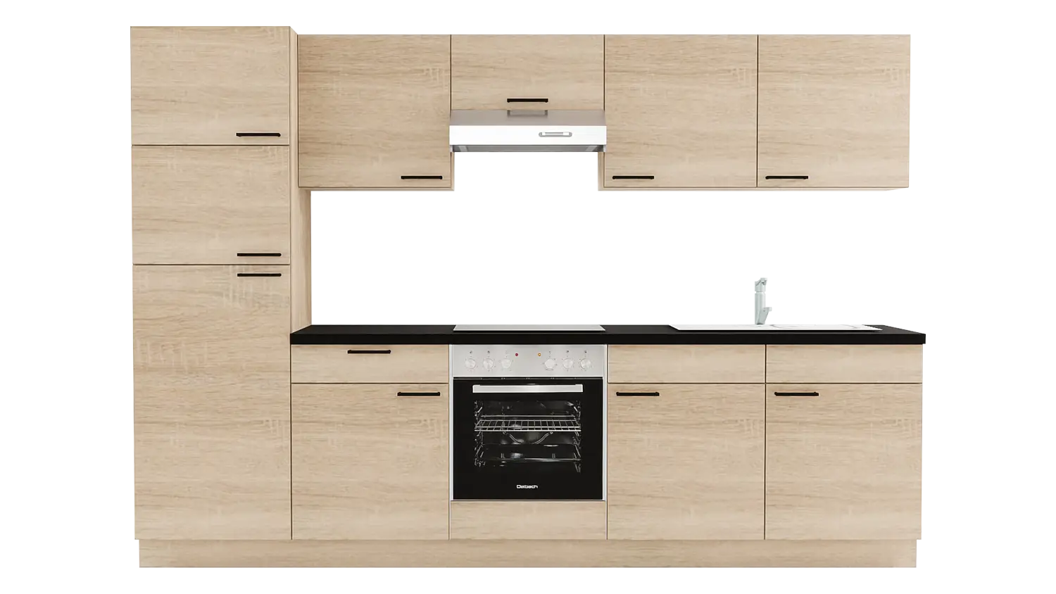 Express Küchenzeile mit Geräten in Bergeiche & Schwarz: 300 cm, Spüle rechts | Singleküche "EXK1100-4-1-r"