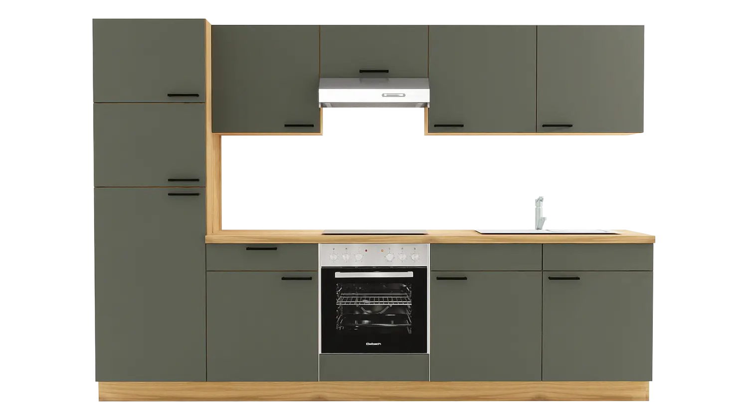 Express Küchenzeile mit Geräten in Dunkelgrün & Eiche astig: 300 cm, Spüle rechts | Singleküche "EXK1100-5-1-r"