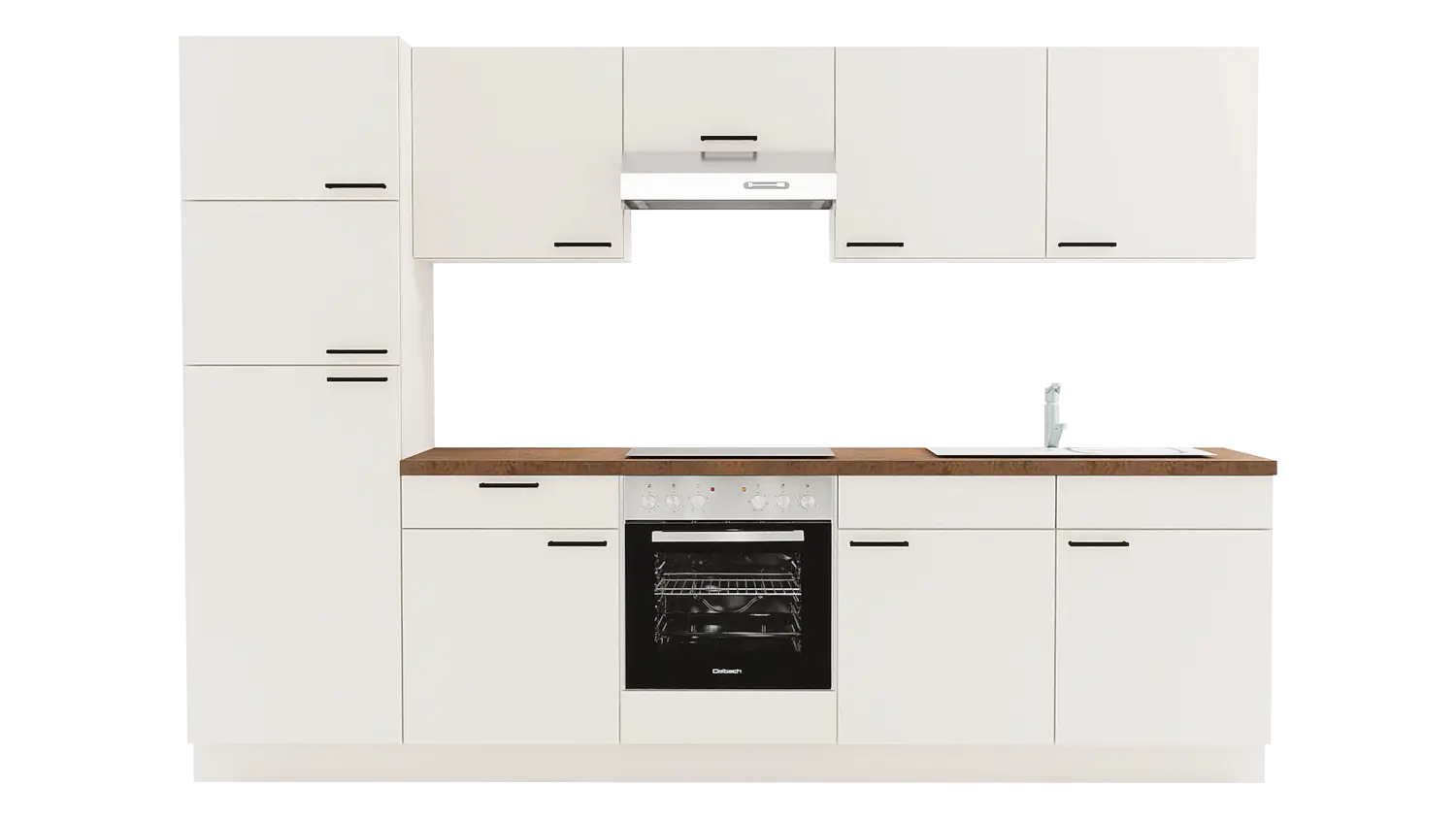 Express Küchenzeile mit Geräten in Magnolia & Korthenstahl: 300 cm, Spüle rechts | Singleküche "EXK1100-2-1-r"