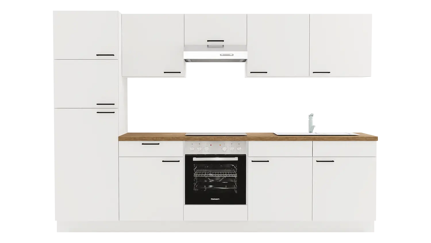 Express Küchenzeile mit Geräten in Weiß & Eiche Klassik: 300 cm, Spüle rechts | Singleküche "EXK1100-1-1-r"
