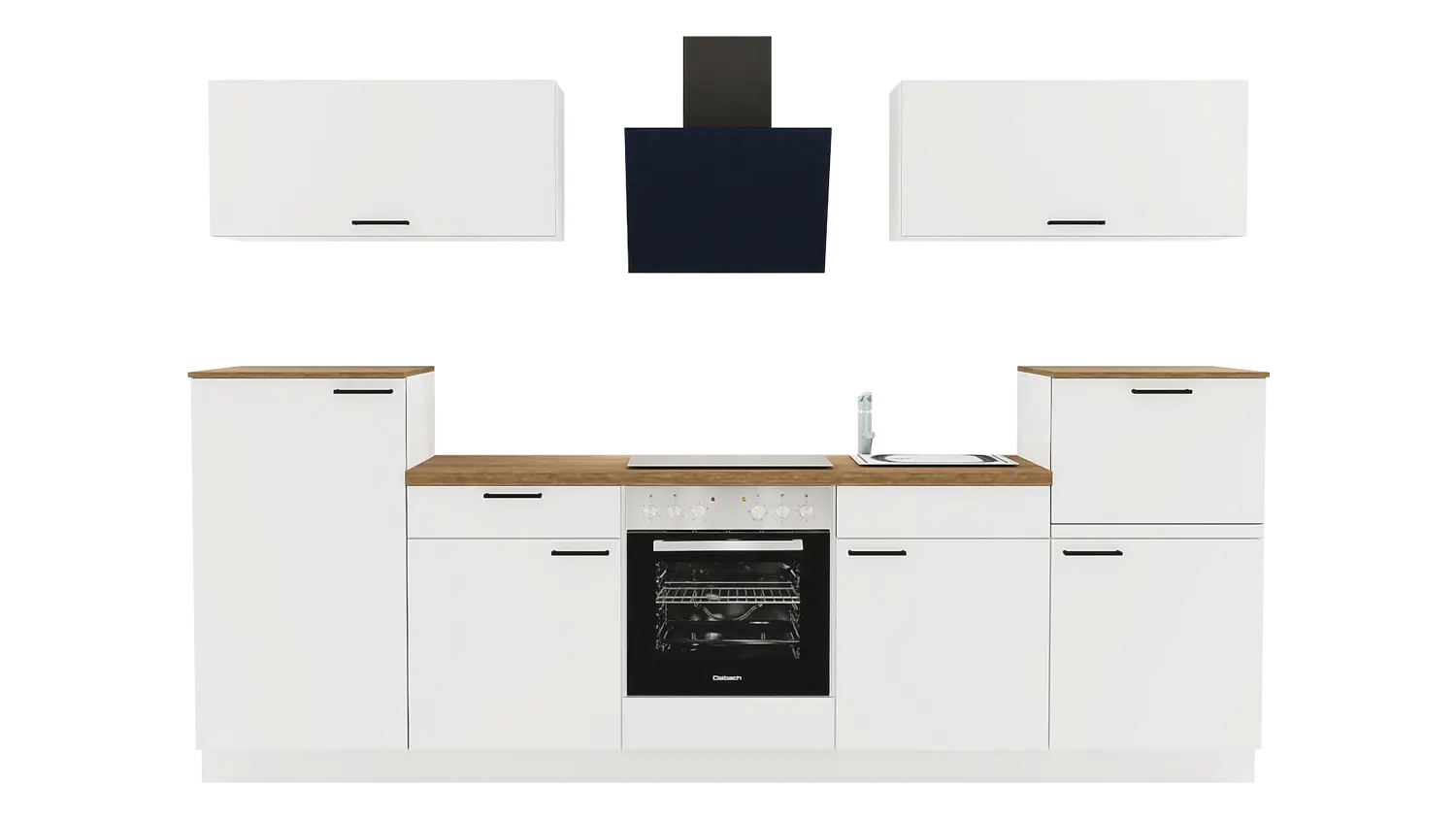 Express Küchenzeile mit Geräten in Weiß & Eiche Klassik: 300 cm, Spüle rechts | Singleküche "EXK1110-1-1-r"