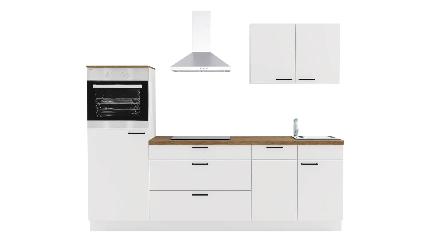 Express Küchenzeile mit Geräten in Weiß & Eiche Klassik: 250 cm, Spüle rechts | Singleküche "EXK1120-1-1-r"