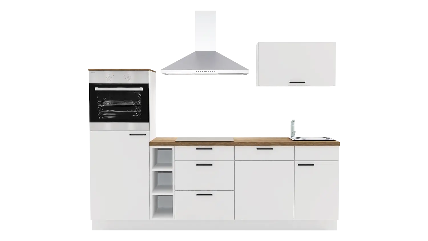 Express Küchenzeile mit Geräten in Weiß & Eiche Klassik: 250 cm, Spüle rechts | Singleküche "EXK1130-1-1-r"