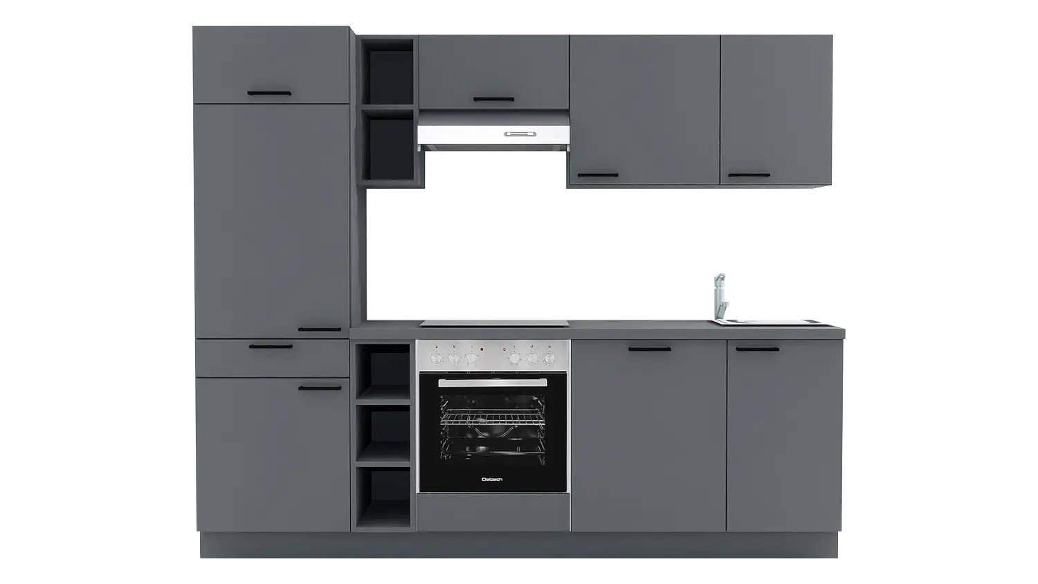 Express Küchenzeile mit Geräten in Anthrazit: 250 cm, Spüle rechts | Singleküche "EXK1140-3-1-r"