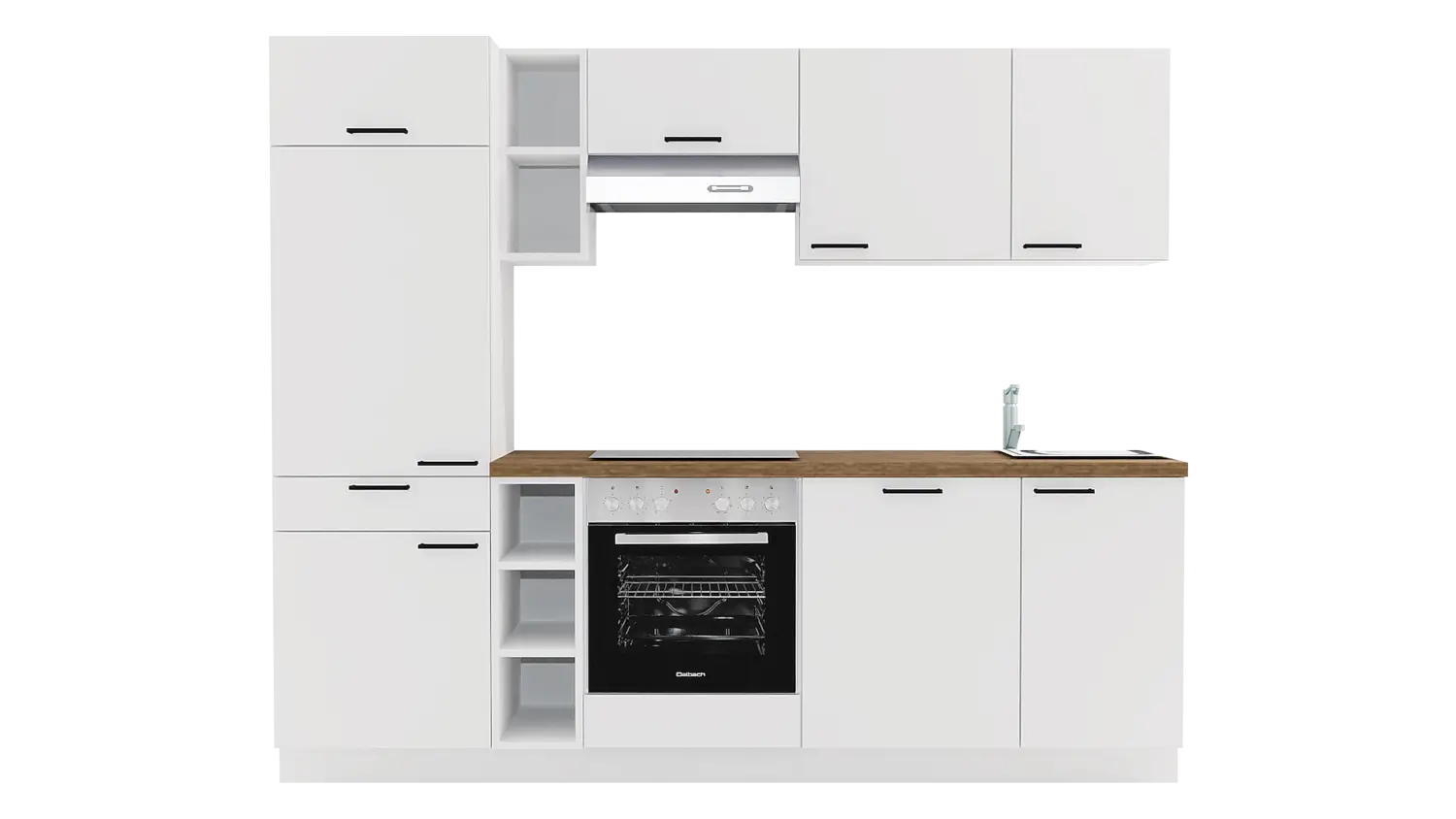 Express Küchenzeile mit Geräten in Weiß & Eiche Klassik: 250 cm, Spüle rechts | Singleküche "EXK1140-1-1-r"