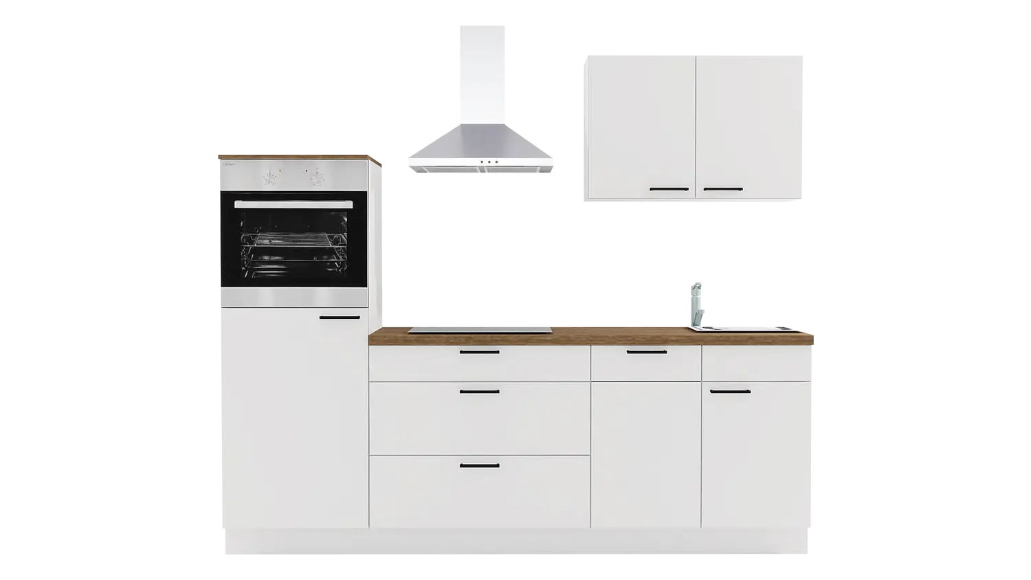 Express Küchenzeile mit Geräten in Weiß & Eiche Klassik: 240 cm, Spüle rechts | Singleküche "EXK1150-1-1-r"