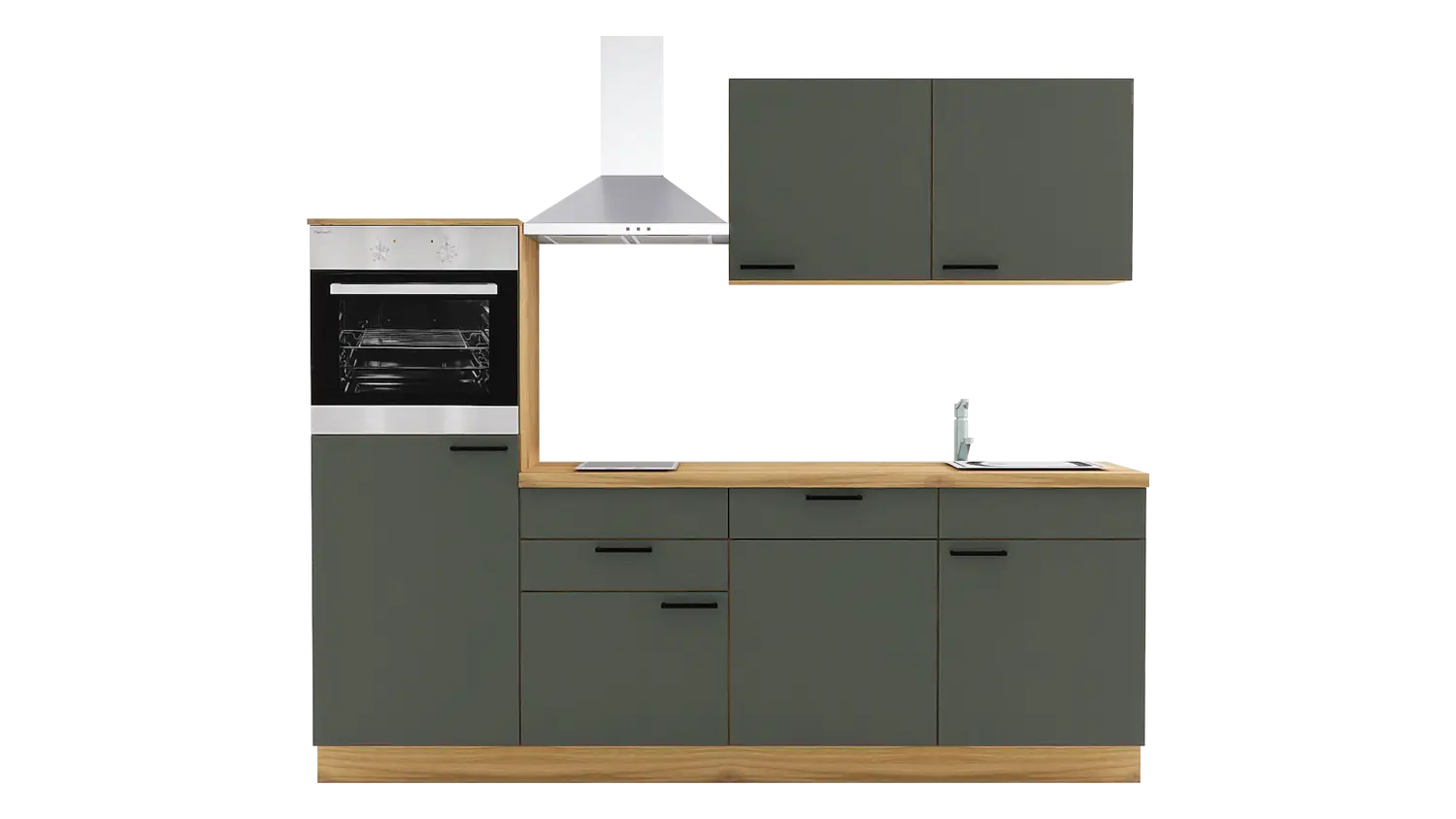Express Küchenzeile mit Geräten in Dunkelgrün & Eiche astig: 240 cm, Spüle rechts | Singleküche "EXK1160-5-1-r"