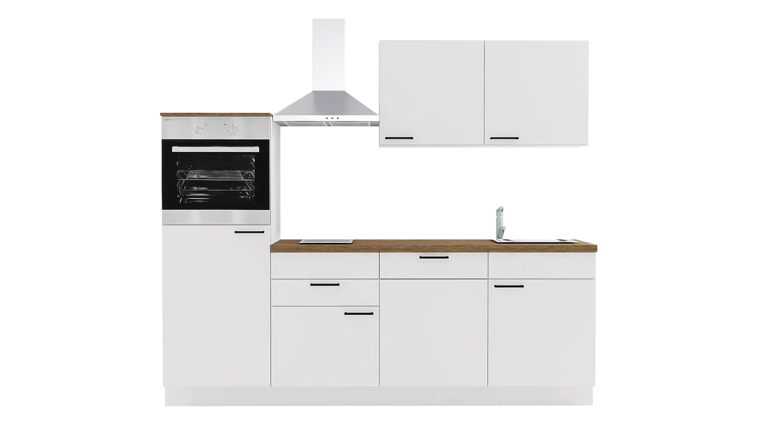 Express Küchenzeile mit Geräten in Weiß & Eiche Klassik: 240 cm, Spüle rechts | Singleküche "EXK1160-1-1-r"
