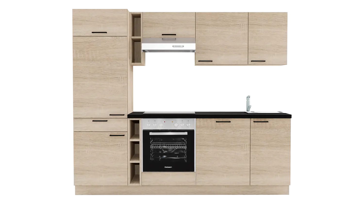 Express Küchenzeile mit Geräten in Bergeiche & Schwarz: 240 cm, Spüle rechts | Singleküche "EXK1170-4-1-r"