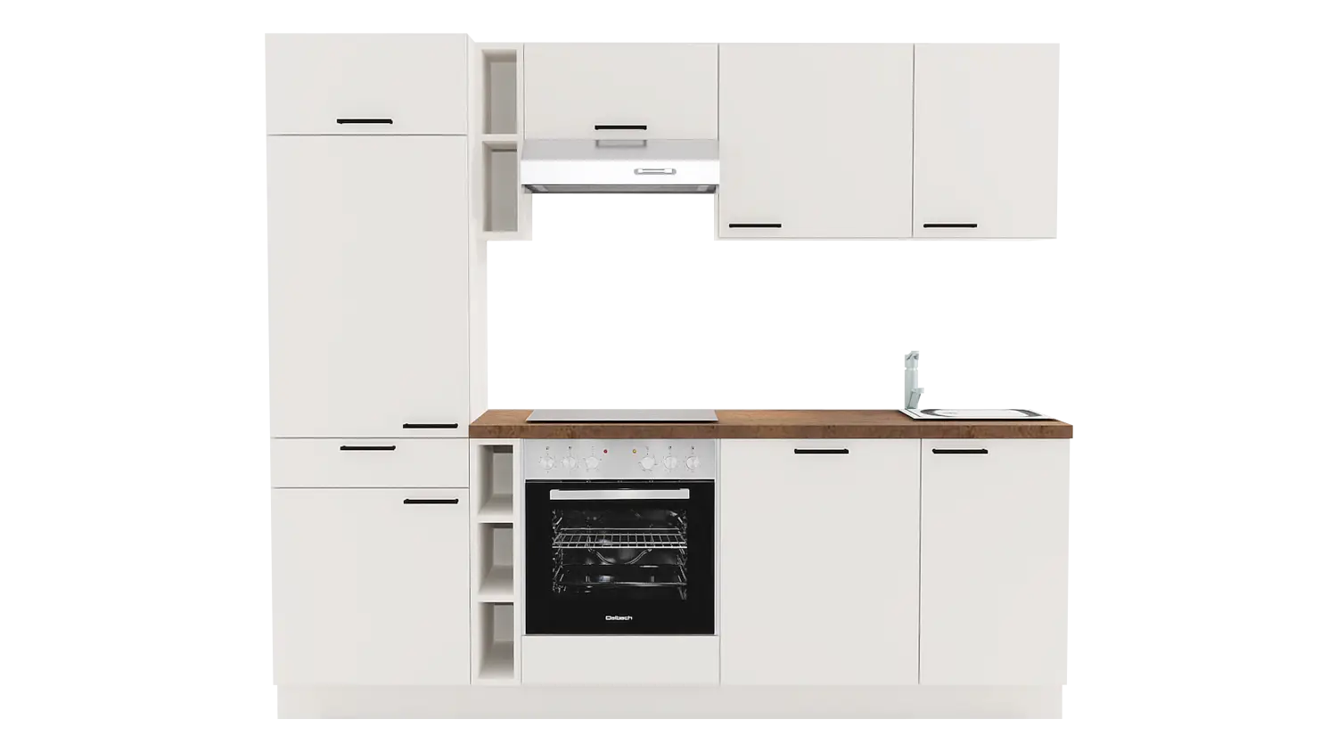 Express Küchenzeile mit Geräten in Magnolia & Korthenstahl: 240 cm, Spüle rechts | Singleküche "EXK1170-2-1-r"