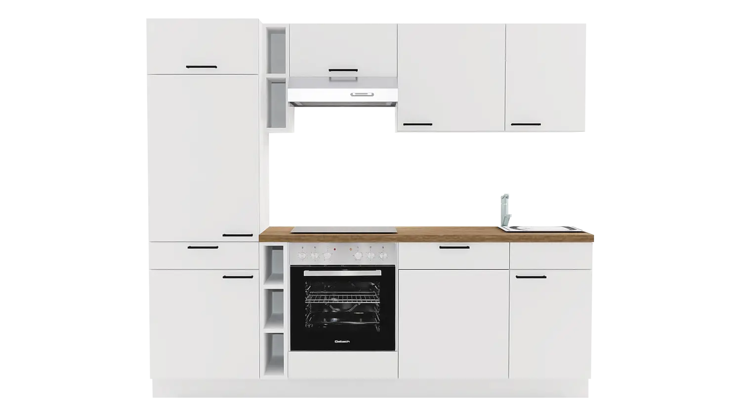 Express Küchenzeile mit Geräten in Weiß & Eiche Klassik: 240 cm, Spüle rechts | Singleküche "EXK1170-1-1-r"