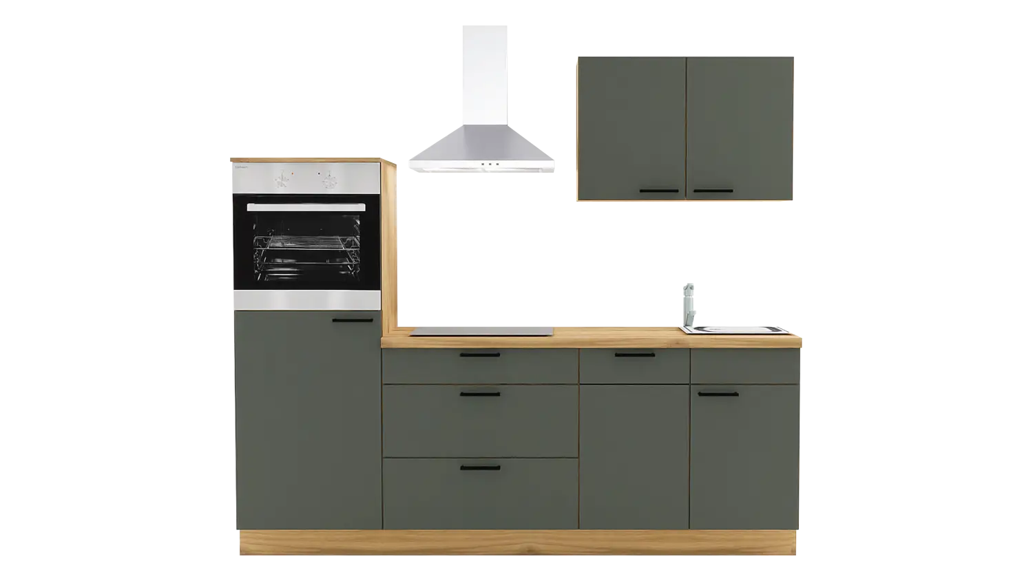 Express Küchenzeile mit Geräten in Dunkelgrün & Eiche astig: 230 cm, Spüle rechts | Singleküche "EXK1180-5-1-r"