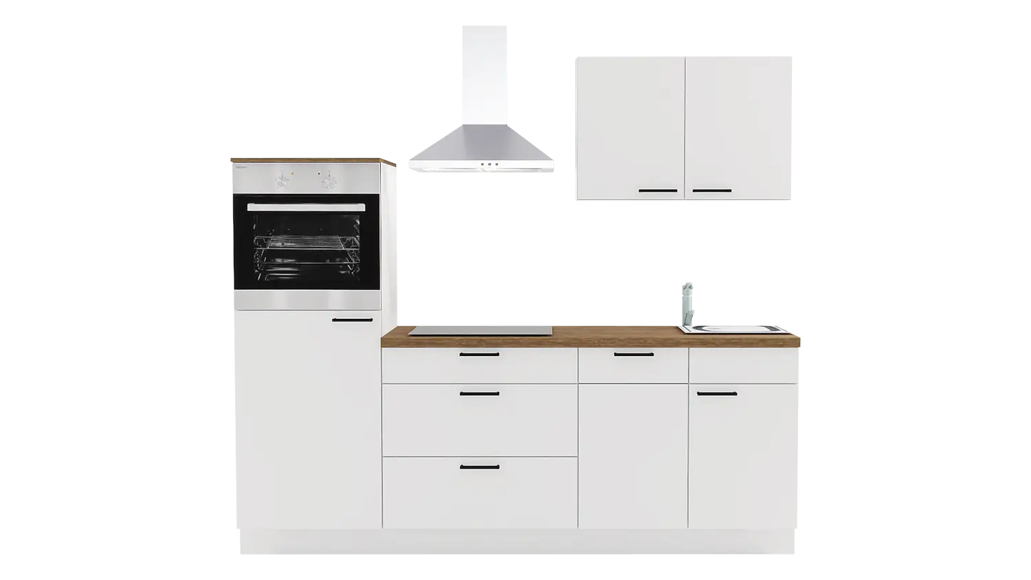 Express Küchenzeile mit Geräten in Weiß & Eiche Klassik: 230 cm, Spüle rechts | Singleküche "EXK1180-1-1-r"