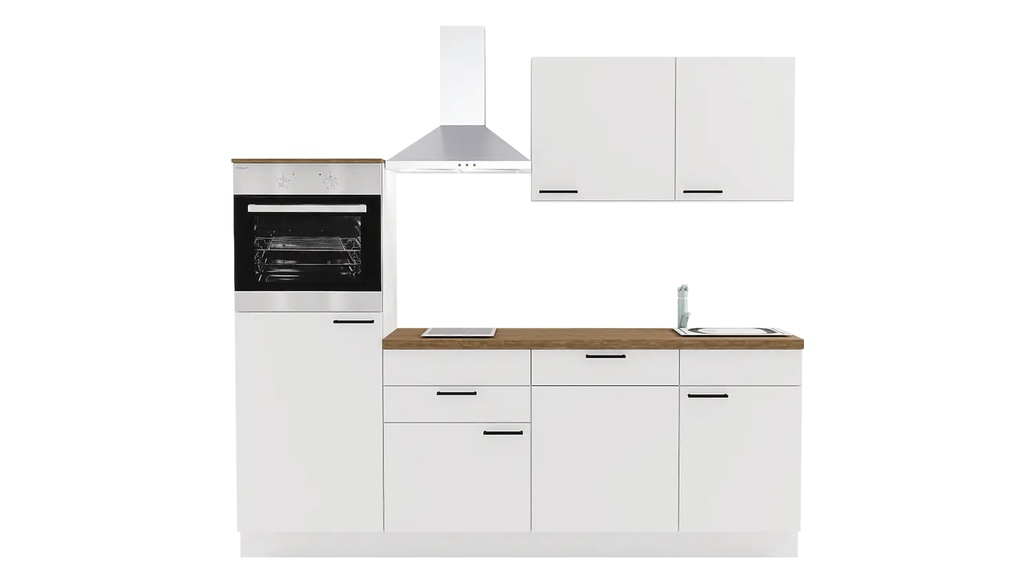 Express Küchenzeile mit Geräten in Weiß & Eiche Klassik: 230 cm, Spüle rechts | Singleküche "EXK1190-1-1-r"