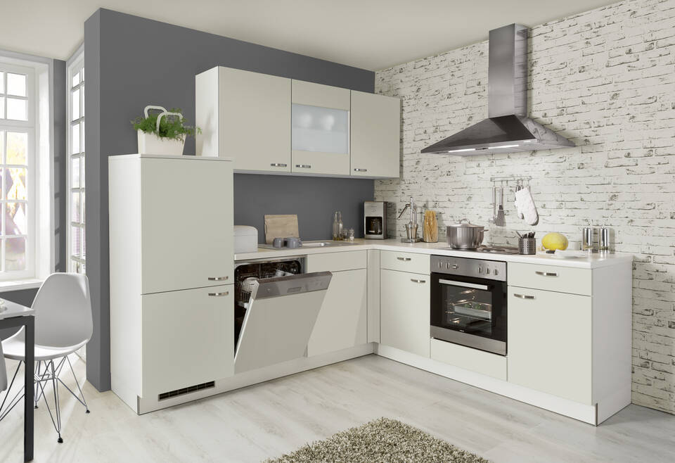 L-Küche "EXK130-1-0" ohne Geräte: Hellgrau - Weiß Steinstruktur, 490cm