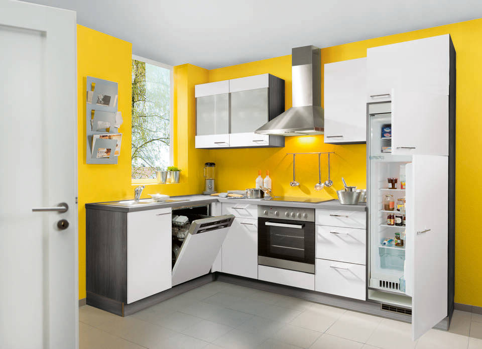 L-Küche "EXK140-1-0" ohne Geräte: Weiß - Eiche grau, 470cm