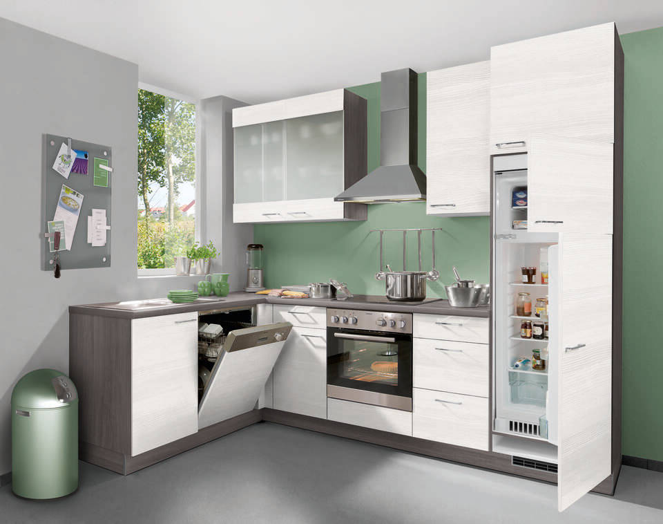 L-Küche "EXK150-4-0" ohne Geräte: Eiche weiß - Eiche grau, 470cm