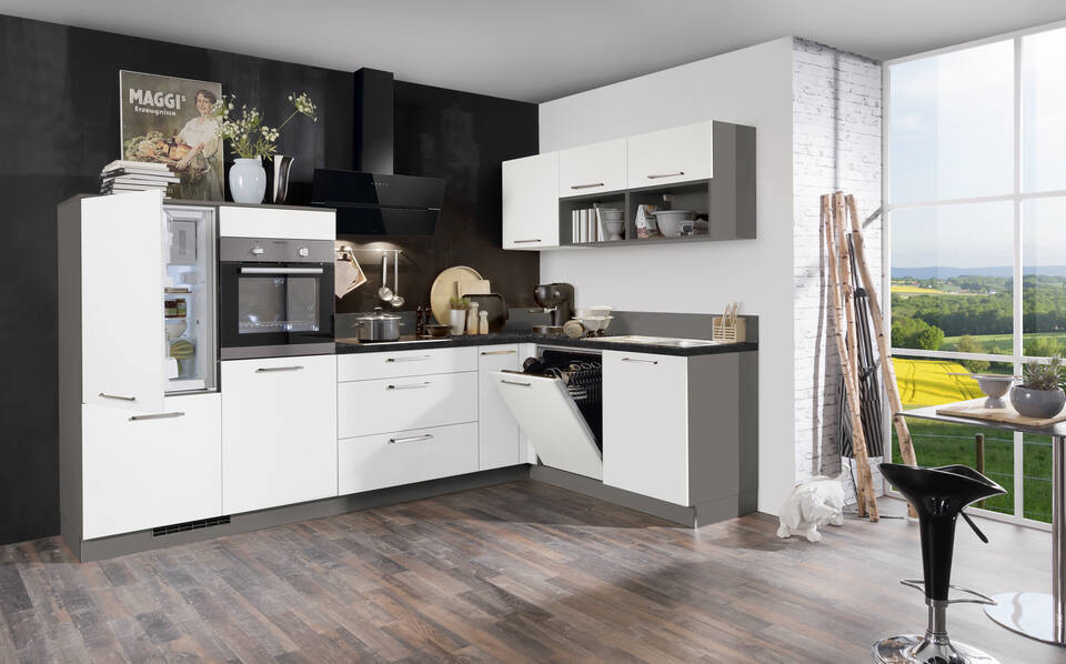 L-Küche "EXK170-2-0" ohne Geräte: Lacklaminat Weiß - Schwarz Steinstruktur, 490cm