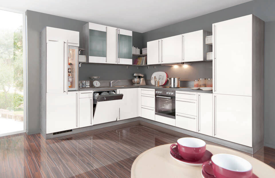L-Küche "EXK190-1-0" ohne Geräte: Weiß - Eiche grau, 590cm