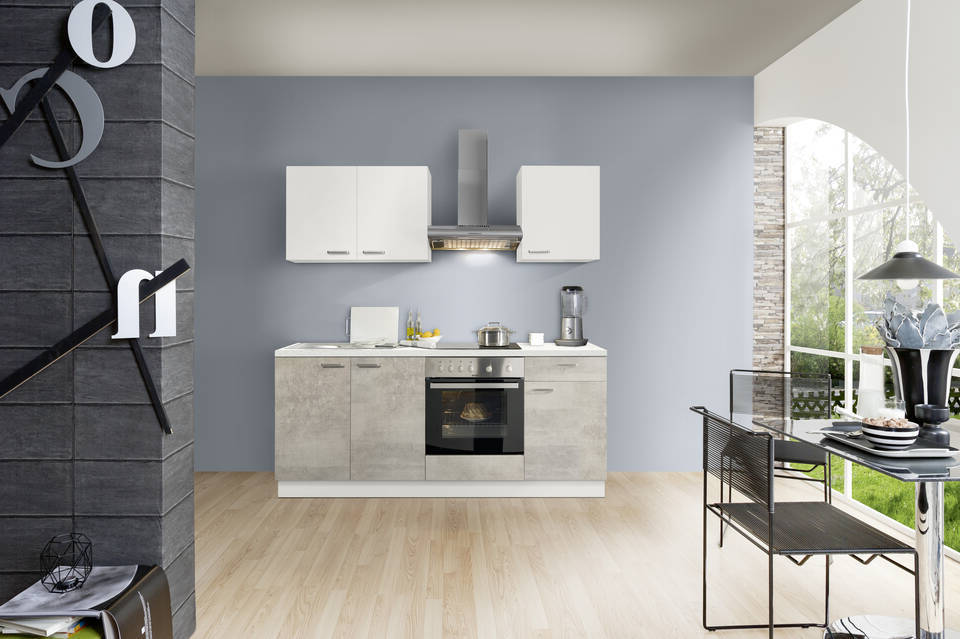 Küchenzeile "EXK250-2-0" ohne Geräte: Beton hell - Weiß - Weiß Steinstruktur, 200cm