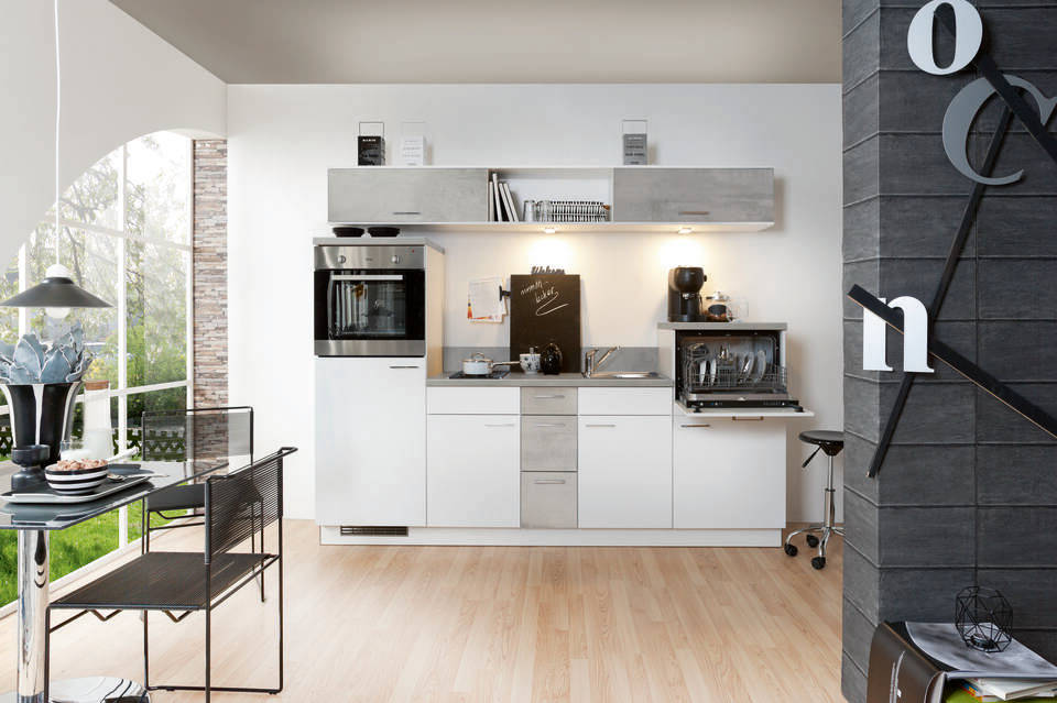 Küchenzeile "EXK270-1-0" ohne Geräte: Lacklaminat Weiß - Beton hell - Beton hell, 250cm / Bild 2