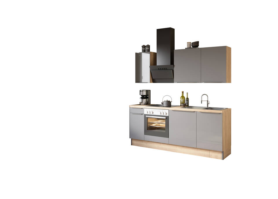 OPTIFIT Küchenzeile ohne Geräte in Anthrazit Glanz & Eiche Struktur: 210 cm, flexibel stellbar | Singleküche "OFK2188-8-0"