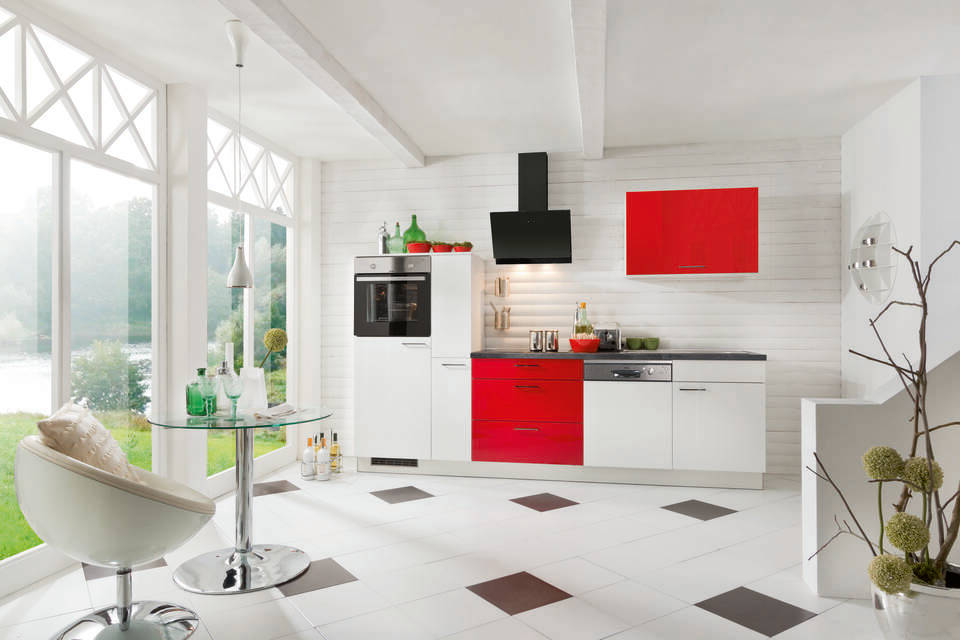 Küchenzeile "EXK380-2-0" ohne Geräte: Lacklaminat Weiß Hochglanz - Lacklaminat Marsrot Hochglanz - Lavagrau, 290cm
