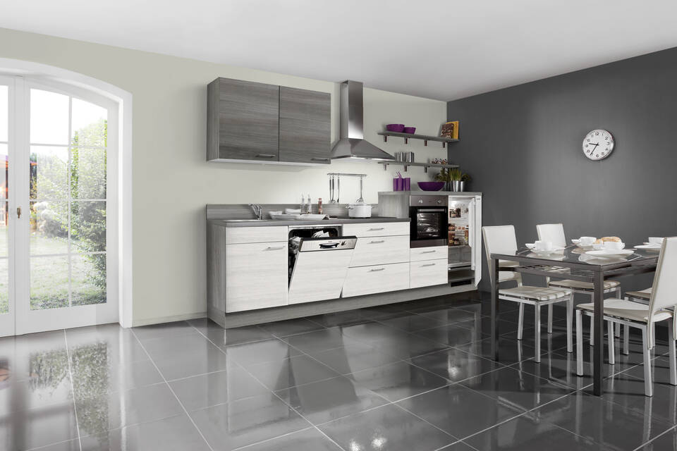 Küchenzeile "EXK490-3-0" ohne Geräte: Eiche weiß - Eiche grau - Eiche grau, 330cm
