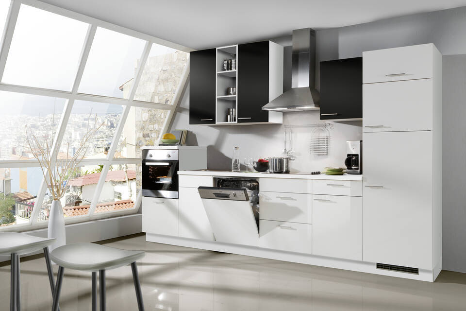 Küchenzeile "EXK510-3-0" ohne Geräte: Lacklaminat Weiß Hochglanz - Lacklaminat Schwarz - Schwarz Steinstruktur, 340cm / Bild 1