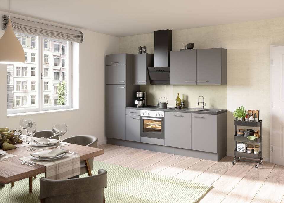 OPTIFIT Küchenzeile ohne Geräte in Basaltgrau & Beton dunkel: 270 cm, flexibel stellbar | Singleküche "OFK27288-4-0"