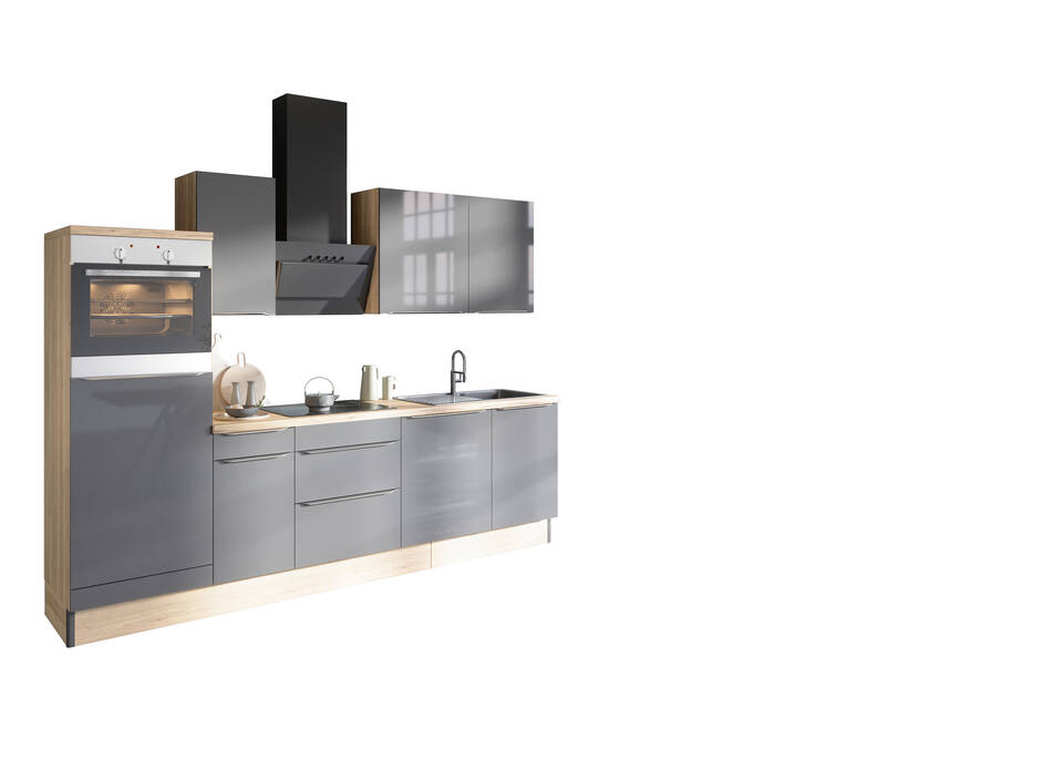 OPTIFIT Küchenzeile ohne Geräte in Anthrazit Glanz & Eiche Struktur: 270 cm, flexibel stellbar | Singleküche "OFK27688-8-0"