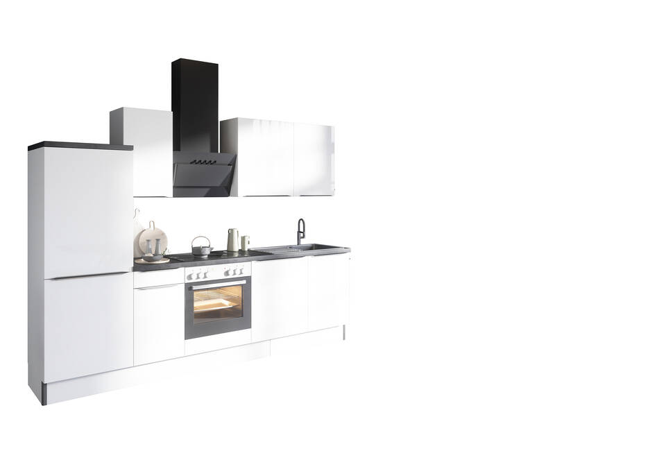 Küchenzeile "OFK27488-7-0" ohne Geräte: Weiß Glanz Lack - Beton dunkel, 270cm / Bild 2