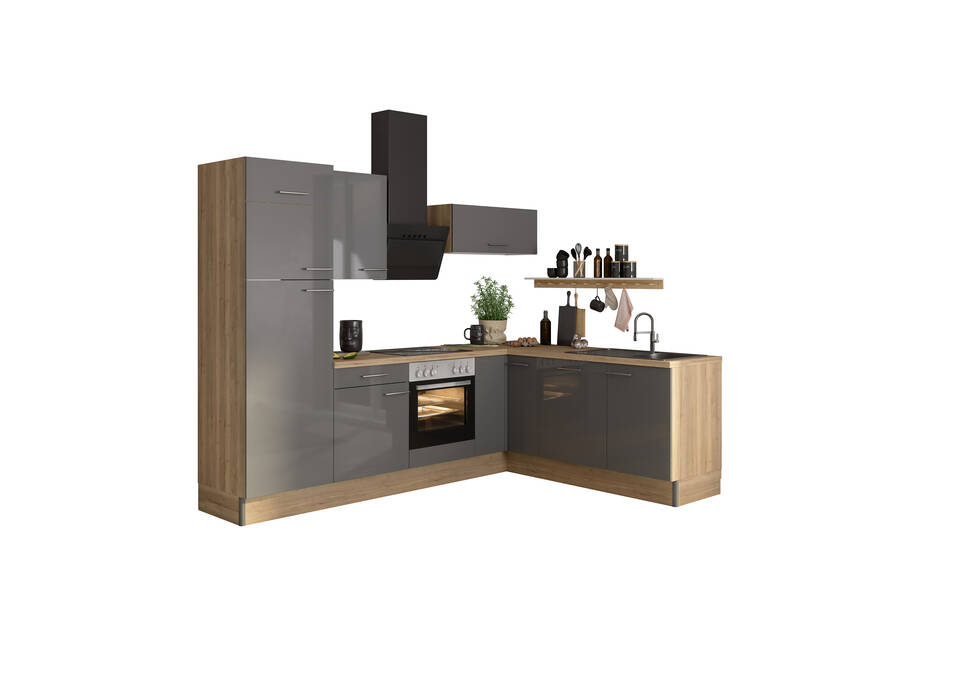 OPTIFIT L-Küche ohne Geräte in Anthrazit Glanz & Eiche Struktur: 270x200 cm, 470 cm, flexibel stellbar | Winkelküche "OFK2720L8-5-0" / Bild 2