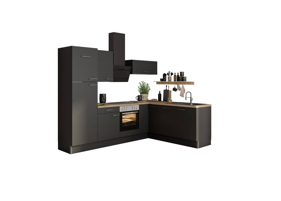 OPTIFIT L-Küche ohne Geräte in Anthrazit & Eiche Struktur: 270x200 cm, 470 cm, flexibel stellbar | Winkelküche "OFK2720L8-3-0"