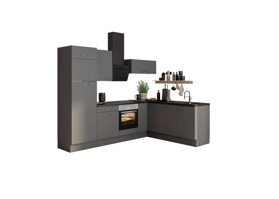 OPTIFIT L-Küche ohne Geräte in Basaltgrau & Beton dunkel: 270x200 cm, 470 cm, flexibel stellbar | Winkelküche "OFK2720L8-4-0"