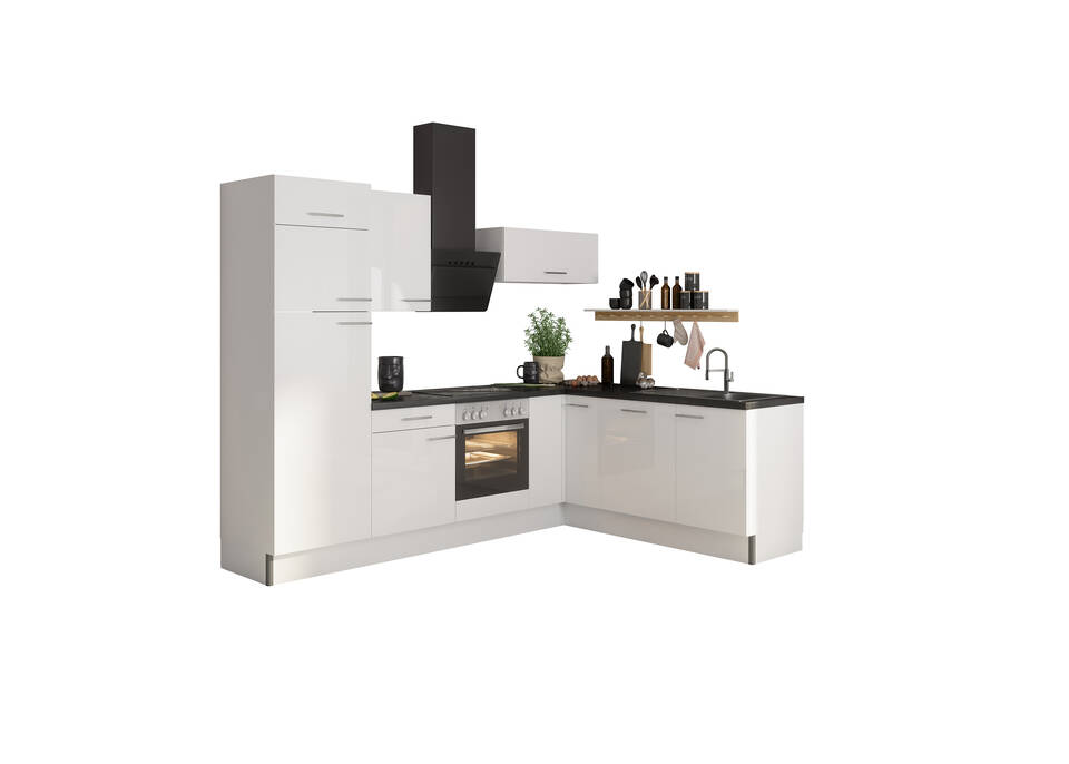 L-Küche "OFK2720L8-6-0" ohne Geräte: Weiß Glanz Lack - Beton dunkel, 470cm / Bild 2